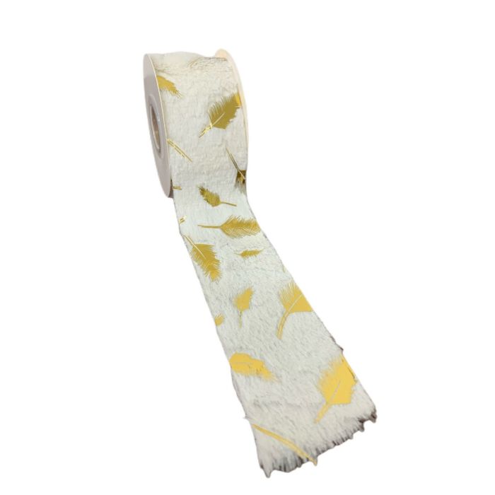 White Fur Ribbon W/Gold Leaf 63mm x 3yds