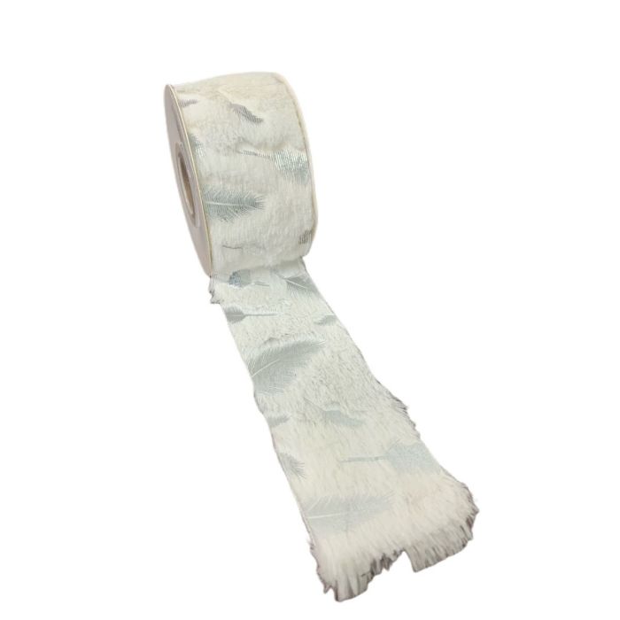 White Fur Ribbon W/Silver Leaf 63mm x 3yds