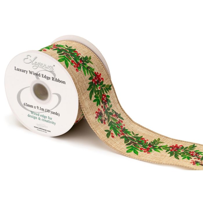 Wired Christmas Red Berries/Foliage Natural 63mm x 9.1m