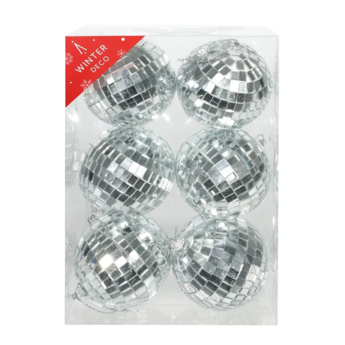 8cm Silver Disco Baubles x 6