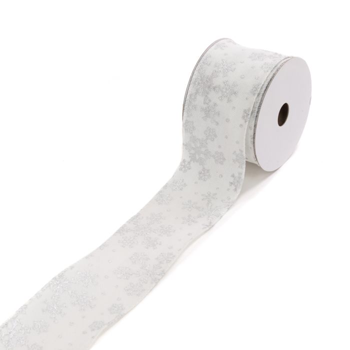 Linen Ribbon W/Snowflakes 2.5"X10y White/Silver