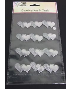 Self Adhesive Glittered Heart Silver x 12