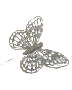 10cm Glitter Butterflies (12 Per Pack On 20cm Wire) Silver