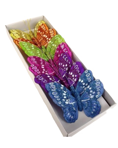 10cm Glitter Butterflies Bl/Lil/Or/Gr/Ht Pk/Yel x 12pcs