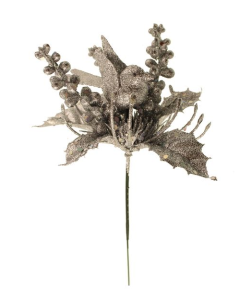 20cm Glittered Bird and Berry Pick Silver