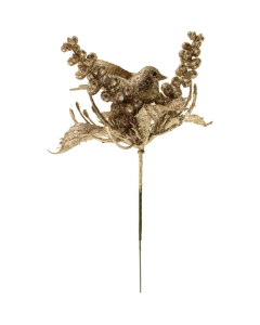 20cm Glittered Bird and Berry Pick Champagne