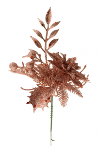 22cm Glittered Pick with Poinsettia & Berries Rose Gold