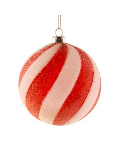 8cm Candy Stripe Hanging Glittered Ball Red/White
