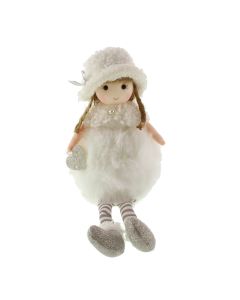 24cm Faux Fur Sitting Girl with Heart White