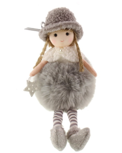 24cm Faux Fur Sitting Girl with Star Grey