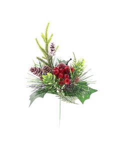 25cm Glittered Pick with Apples, Pine & Berries Green