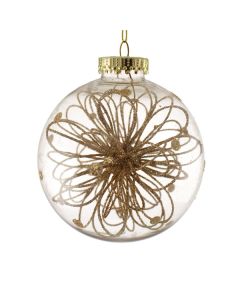 10cm Hanging Bauble with Glittered Flower Decor Gold