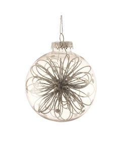 10cm Hanging Bauble with Glittered Flower Decor Silver