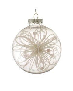 10cm Hanging Bauble with Glittered Flower Decor White