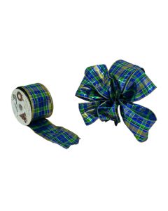 63mm x 10yds Blue/Green/Gold Wired Tartan Ribbon