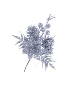 Silver Glittered Poinsettia Pick - Silver (21cm long)