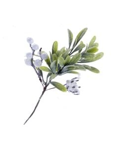 Glittered White Berry & Leaf Spray - White/Green (27cm long)