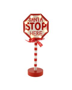 28.5cm Wood LED Stop Here Santa Sign Red