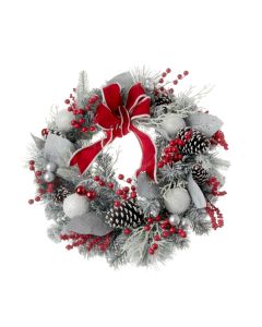 Deluxe Snowball & Pine Cone Wreath - Green/White/Red (60cm diameter)