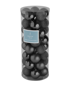 8cm Shatterproof Baubles Black x 48 (Matt, Shiny, Glitter)