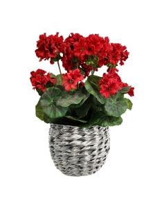 43cm Red Geranium In Grey Basket