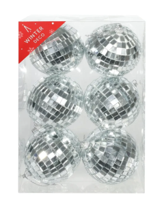 8cm Silver Disco Baubles x 6
