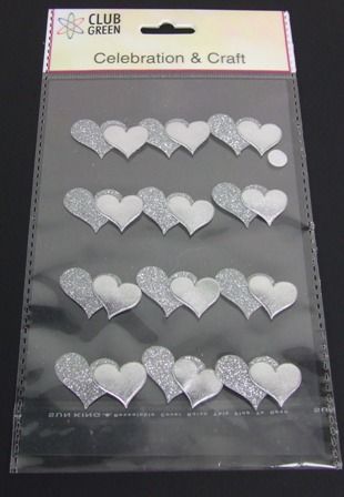 Self Adhesive Glittered Heart Silver x 12-0