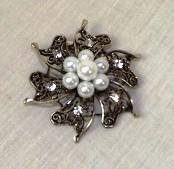 Vintage Silver Brooch W/Pearls & Diamante 60mm-13199