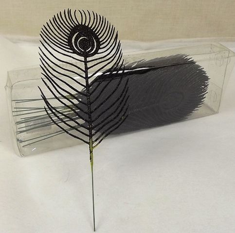 Glitter Peacock Leaf 22cm x 16pcs Black-0