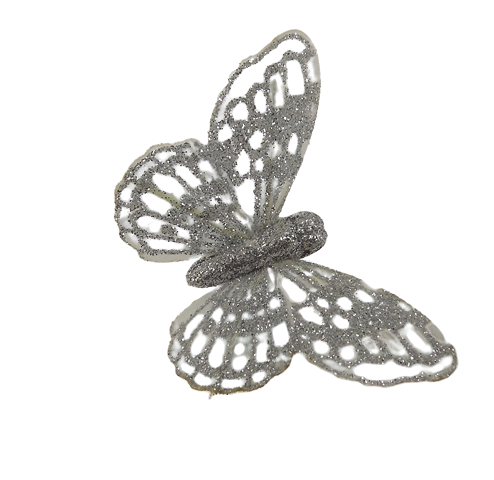 7cm Glitter Butterflies (12 Per Pack On 20cm Wire) Silver-0