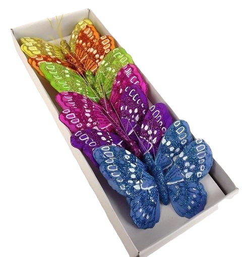 10cm Glitter Butterflies Bl/Lil/Or/Gr/Ht Pk/Yel x 12pcs-0