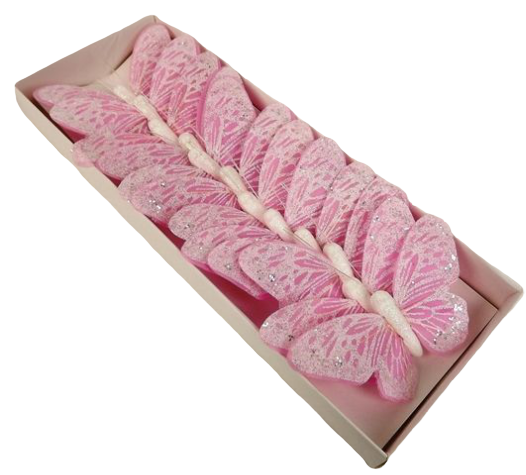 10cm Pastel Sparkle Feather Butterfiles Pink x 12pcs-0