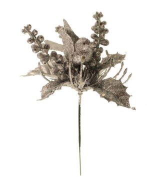 20cm Glittered Bird and Berry Pick Silver-0