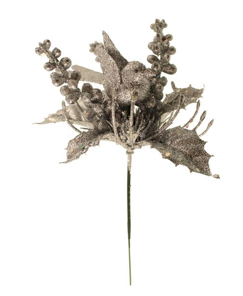 20cm Glittered Bird and Berry Pick Silver-0