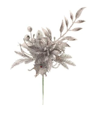 22cm Glittered Pick with Poinsettia & Berries Silver-0
