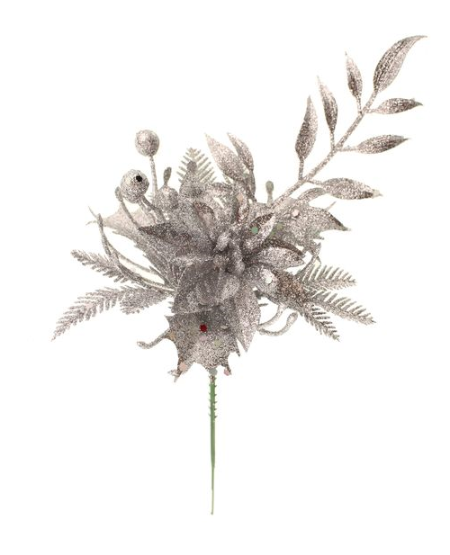 22cm Glittered Pick with Poinsettia & Berries Silver-0