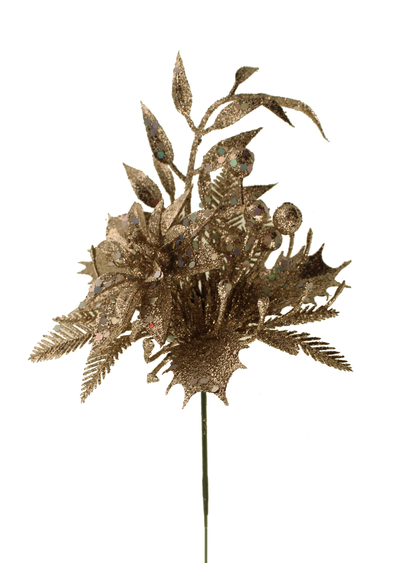 22cm Glittered Pick with Poinsettia & Berries Champagne-0