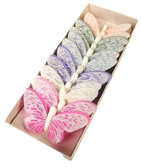 10cm Pastel Sparkle Feather Butterflies Assorted x 12-0