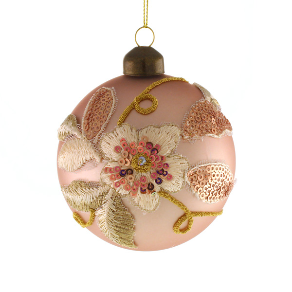 8cm Glass Embroidery Bauble Pink-0