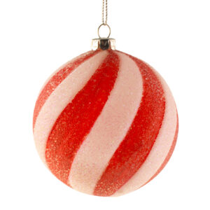 8cm Candy Stripe Hanging Glittered Ball Red/White-0