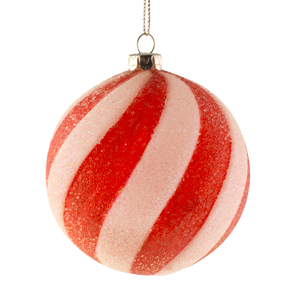 8cm Candy Stripe Hanging Glittered Ball Red/White-0