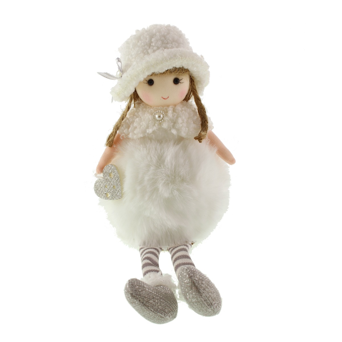24cm Faux Fur Sitting Girl with Heart White-0