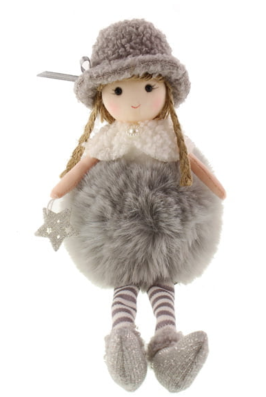24cm Faux Fur Sitting Girl with Star Grey-0