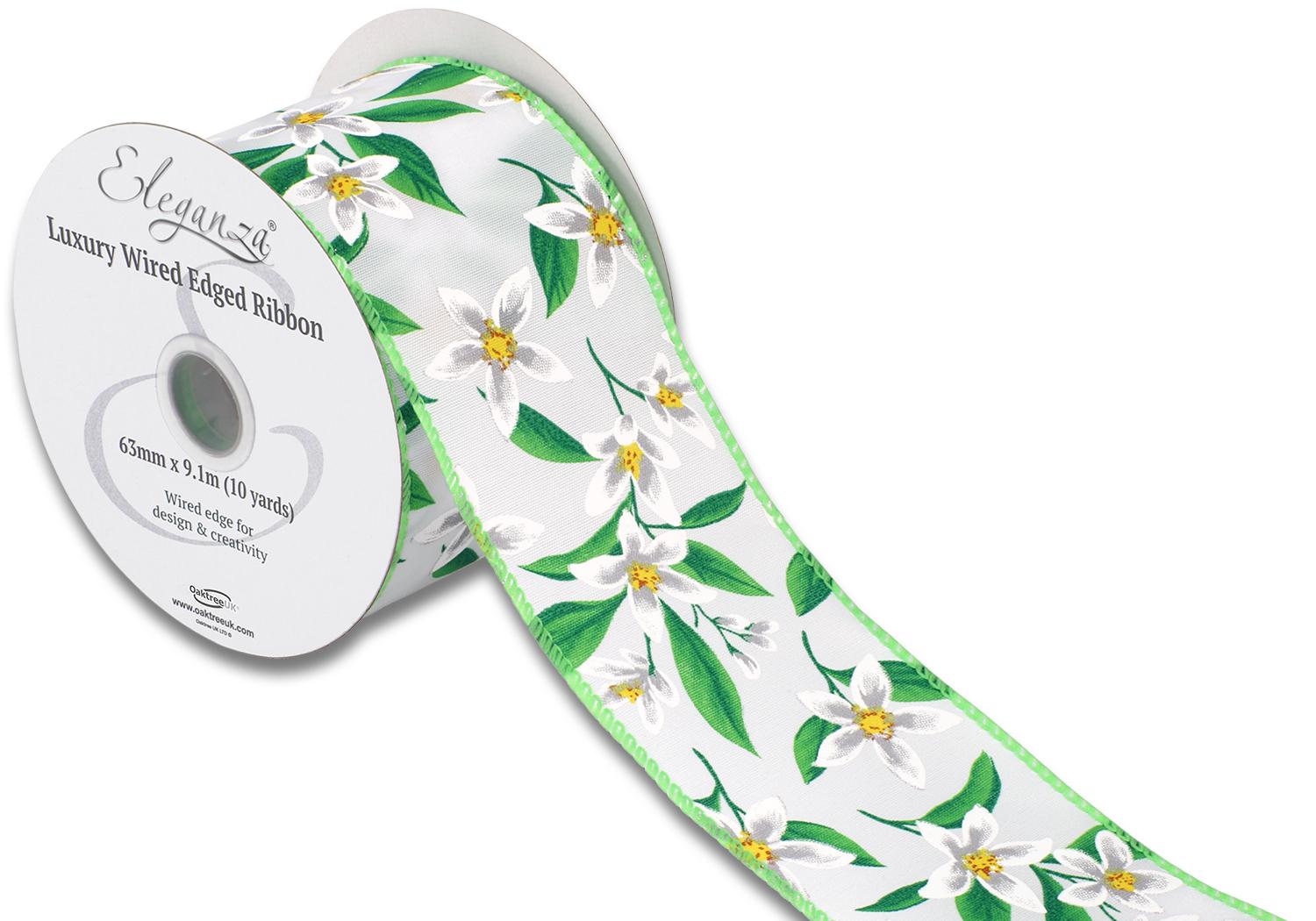 Wired Edge 63mm x 9.1mtr Floral Pattern White-0
