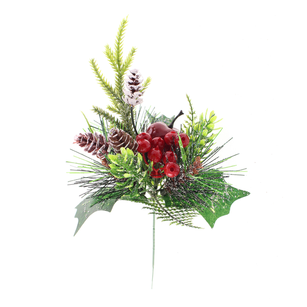 25cm Glittered Pick with Apples, Pine & Berries Green-0
