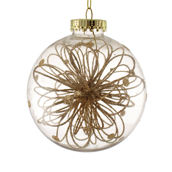 10cm Hanging Bauble with Glittered Flower Decor Gold-0