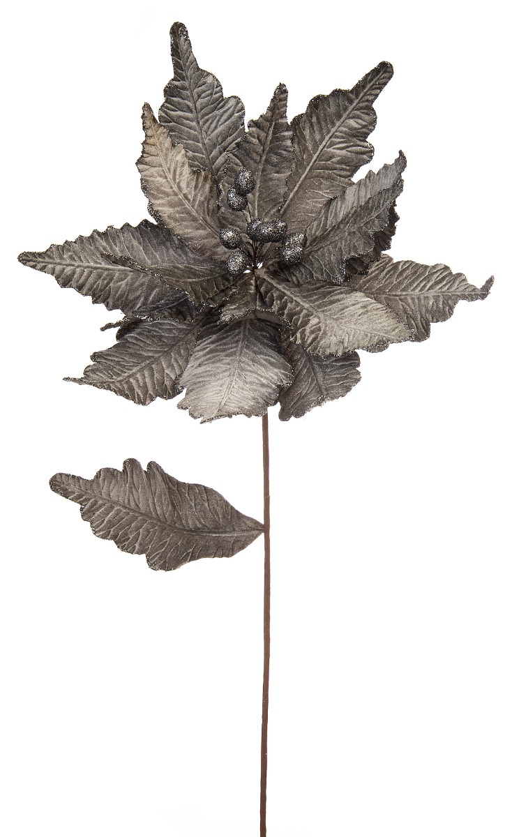 68cm Pewter Grey Velvet Poinsettia Stem-0
