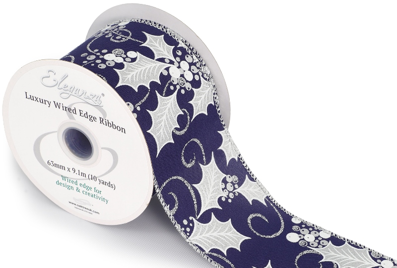 Eleganza Wired Edge Metallic Holly/Berries Silver/Blue 63mm-0
