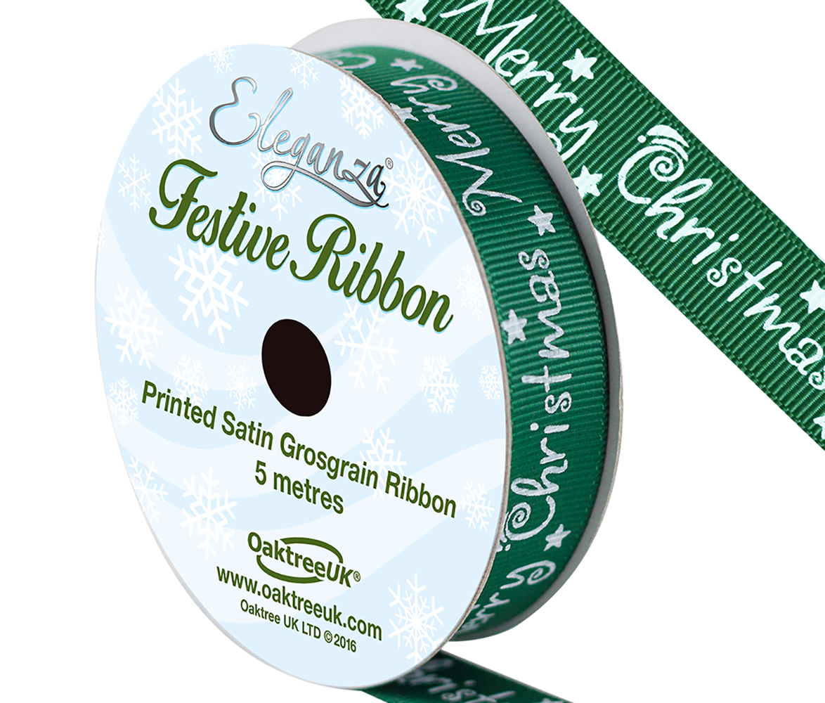 Eleganza Satin Grosgrain Merry Christmas Green 15mm x 5mtrs-0