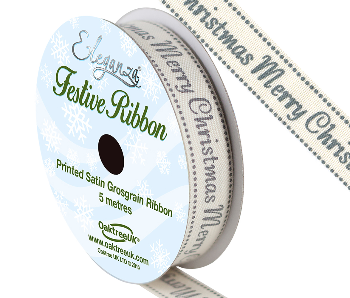 Eleganza Satin Grosgrain Merry Christmas Silver 15mm x 5mtrs-0